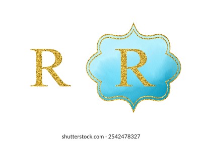 Golden Latin letter R. Bright scrapbook blue watercolor monogram on white background