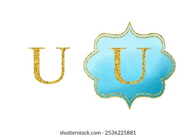 Golden Latin letter U. Bright scrapbook blue watercolor monogram on white background