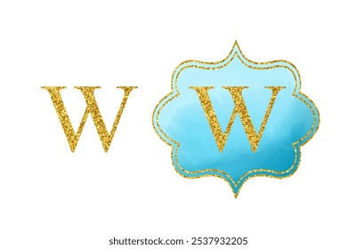 Golden Latin letter W. Bright scrapbook blue watercolor monogram on white background