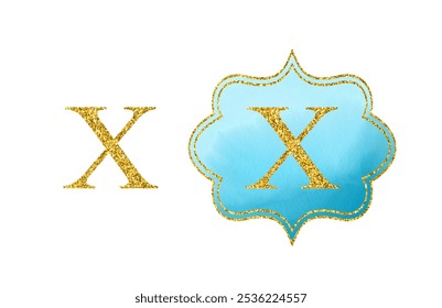 Golden Latin letter X. Bright scrapbook blue watercolor monogram on white background