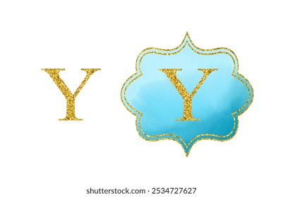 Golden Latin letter Y. Bright scrapbook blue watercolor monogram on white background