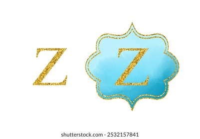 Golden Latin letter Z. Bright scrapbook blue watercolor monogram on white background