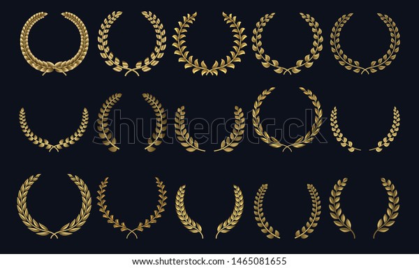 金色の月桂冠 写実的な王冠 葉の形が優勝賞 葉の紋章3d紋章 ギリシャのローマの月桂樹の影とオリーブの花は 功績を称える のイラスト素材
