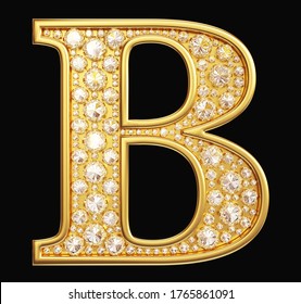 Golden letter "B" with diamonds on black background. Clipping path included. 3d illustration