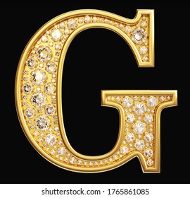 Golden letter "G" with diamonds on black background. Clipping path included. 3d illustration