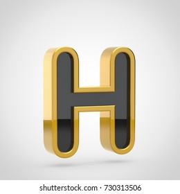 Golden letter H uppercase. 3D render of black font with golden outline isolated on white background.