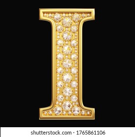 Golden letter "I" with diamonds on black background. Clipping path included. 3d illustration