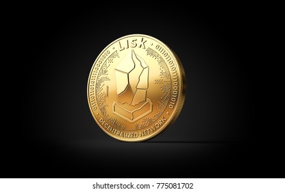 Golden LISK LSK cryptocurrency coin isolated on black background. 3D rendering