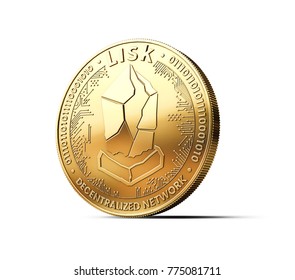 Golden LISK LSK cryptocurrency physical concept coin isolated on white background. 3D rendering