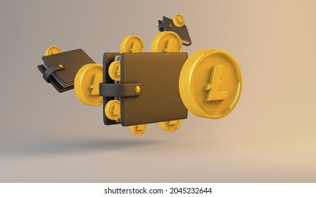 Golden Litecoin 3d rendering illustration of  Cryptocurrency Crypto DeFi Coin cartoon inside and around a cold wallet digital on an isolated background