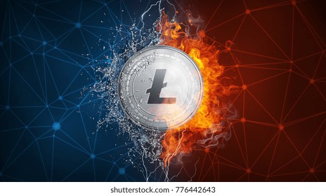 Golden litecoin coin in fire flame, water splashes and lightning. Litecoin blockchain hard fork concept. Cryptocurrency symbol in storm with peer to peer network polygon background.