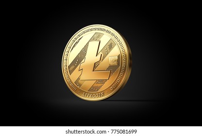 Golden Litecoin LTC cryptocurrency coin isolated on black background. 3D rendering