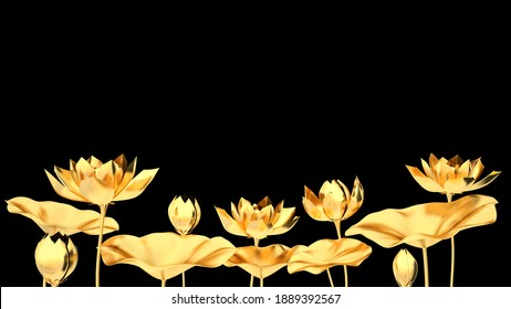 golden lotus and golden lotus leaves on black background 3d render