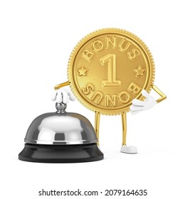 Golden Loyalty Program Bonus Coin Person Character Mascot With Hotel Service Bell Call On A White Background. 3d Rendering 