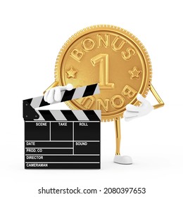 Golden Loyalty Program Bonus Coin Person Character Mascot With Movie Clapper Board On A White Background. 3d Rendering 