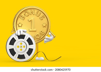 Golden Loyalty Program Bonus Coin Person Character Mascot With Film Reel Cinema Tape On A Yellow Background. 3d Rendering 