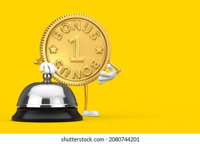 Golden Loyalty Program Bonus Coin Person Character Mascot With Hotel Service Bell Call On A Yellow Background. 3d Rendering 