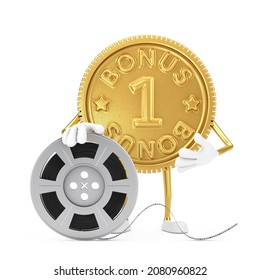 Golden Loyalty Program Bonus Coin Person Character Mascot With Film Reel Cinema Tape On A White Background. 3d Rendering 