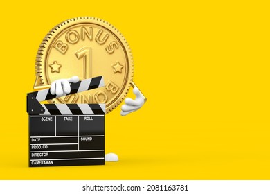 Golden Loyalty Program Bonus Coin Person Character Mascot With Movie Clapper Board On A Yellow Background. 3d Rendering 