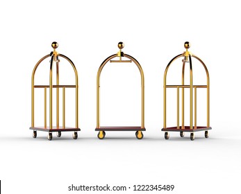 Golden Luxury Hotel Luggage Trolley Cart Mock Up Template Isolated On White Background, 3d Illustration