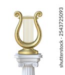 Golden lyre on antic column 3D rendering illustration isolated on white background