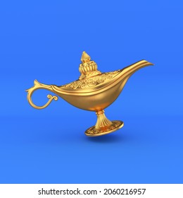 Golden Magic Lamp On A Blue Background, 3d Render