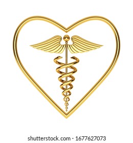 Golden Medical Caduceus Symbol In Shape Of Heart On A White Background. 3d Rendering