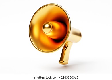 Golden Megaphone Loudspeaker, Realistic 3d Illustration. Modern Isolated Megaphone Loudspeaker With Buzzer And Handle, Lifeguard Emergency Signal And Speakerphone For Announcements