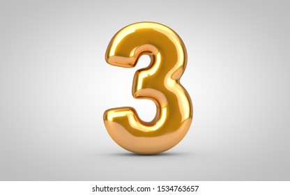 Golden metallic balloon number 3 isolated on white background. 3D rendered illustration. Best for anniversary, birthday, new year celebration.