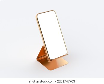 Golden Mobile Phone With White Screen On Stand In Front And Angle View. Concept Of Online Payment, Digital Invoice And Paycheck. Realistic Mockup Of Smartphone With Blank Screen. 3d Render