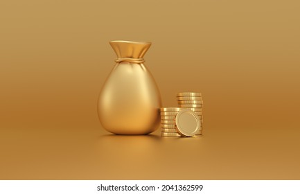 Golden Money Sack Bag And Stack Of Coins Isolated On Gold Background. Money Savings Concept. Minimal Cartoon Design. 3d Rendering.