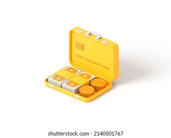 Golden money in yellow briefcase with credit card on white isolated background. Bank metaphor, revealing the concept of safe money and cashback. 3d render