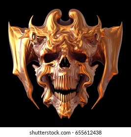 Golden Monster Skull Design On A Black Background For Halloween. 3D Illustration