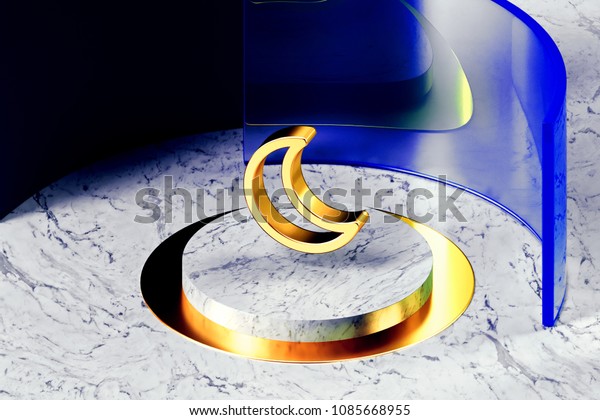 Golden Moon Symbol on the White Marble and\
Blue Glass Around. 3D Illustration of Golden Night, Sky, Star,\
Half-Moon Icon Set With Blue\
Glass.
