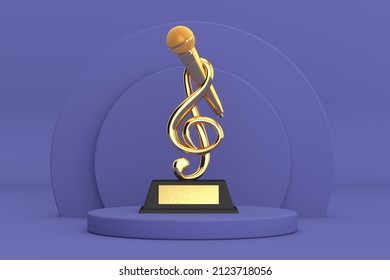 Golden Music Treble Clef with Microphone Award Trophy over Violet Very Peri Cylinders Products Stage Pedestal on a Violet Very Peri background. 3d Rendering  - Powered by Shutterstock