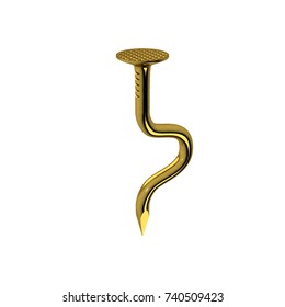 Golden nail. Bent form. Isolated on white background. 3D rendering illustration.
