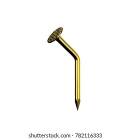 Golden nail. Bent form. Isolated on white background. 3D rendering illustration.