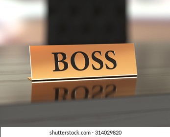 Golden Nameplate With Boss Text On The Wooden Table, With Soft Focus