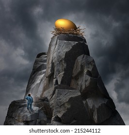 Golden nest egg concept as a retirement plan metaphor as a man standing at the bottom of a cliff thinking of a strategy to achieve his challenging financial investment goal. - Powered by Shutterstock