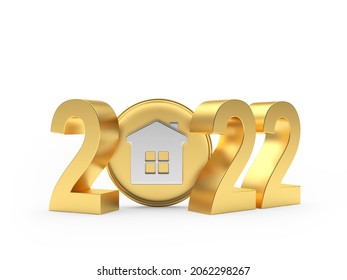 Golden Number 2022 With House Icon. 3D Illustration 