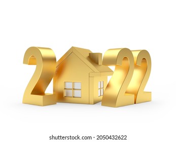 Golden Number 2022 With House Isolated On White Background. 3D Illustration 