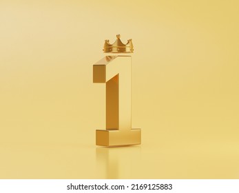 Golden Number One With Gold Crown For Best Quality Assurance Of Guarantee ISO Product Service And Winner Champion Award Concept By 3d Render Illustration.