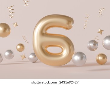 Golden number six with bubbles and confetti on beige background. Symbol 6. Invitation for a sixth birthday party, business anniversary, or any event celebrating sixth milestone. 3D. 3D Illustration - Powered by Shutterstock