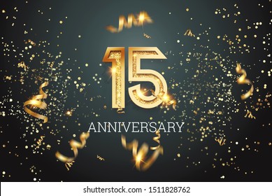 Golden Numbers, 15 Years Anniversary Celebration On Dark Background And Confetti. Celebration Template, Flyer. 3D Illustration, 3D Rendering.