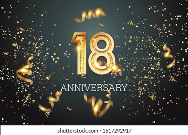 Golden numbers, 18 years anniversary, adulthood on a dark background and confetti. celebration template, flyer. 3D illustration, 3D rendering