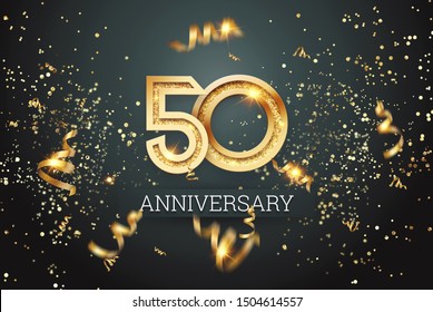 Golden numbers, 50 years anniversary celebration on dark background and confetti. celebration template, flyer. 3D illustration, 3D rendering.