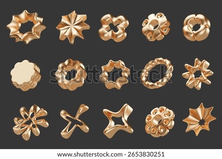 Golden object geometry shape collection set isolated background 3d rendering