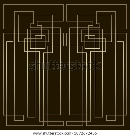 Golden ochre symmetrical linear rectangular pattern on a black background. Elegant geometric composition in the style of Art Deco and Art Nouveau.