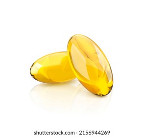 Golden Oil Capsule Of Vitamin A, E, Omega 3 Or Collagen. Vector Realistic Mockup Of Medical Pill With Fish Fat Or Organic Cosmetic Oil. Clear Yellow Tablets Isolated On Transparent Background. 3d Rend