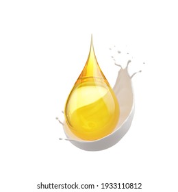 Golden Oil Drop On Milk Cream Isolated On White. Cosmetic Liquid Droplet Concept.3d Rendering.